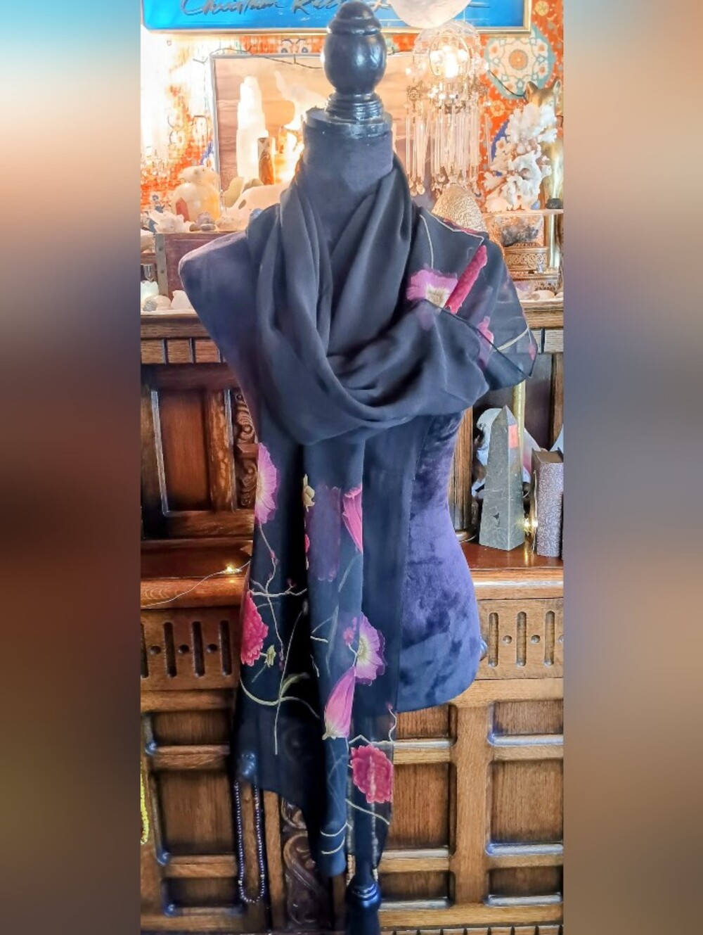 Vintage Silk Bohemian Black Floral Embroidered Long Scarf